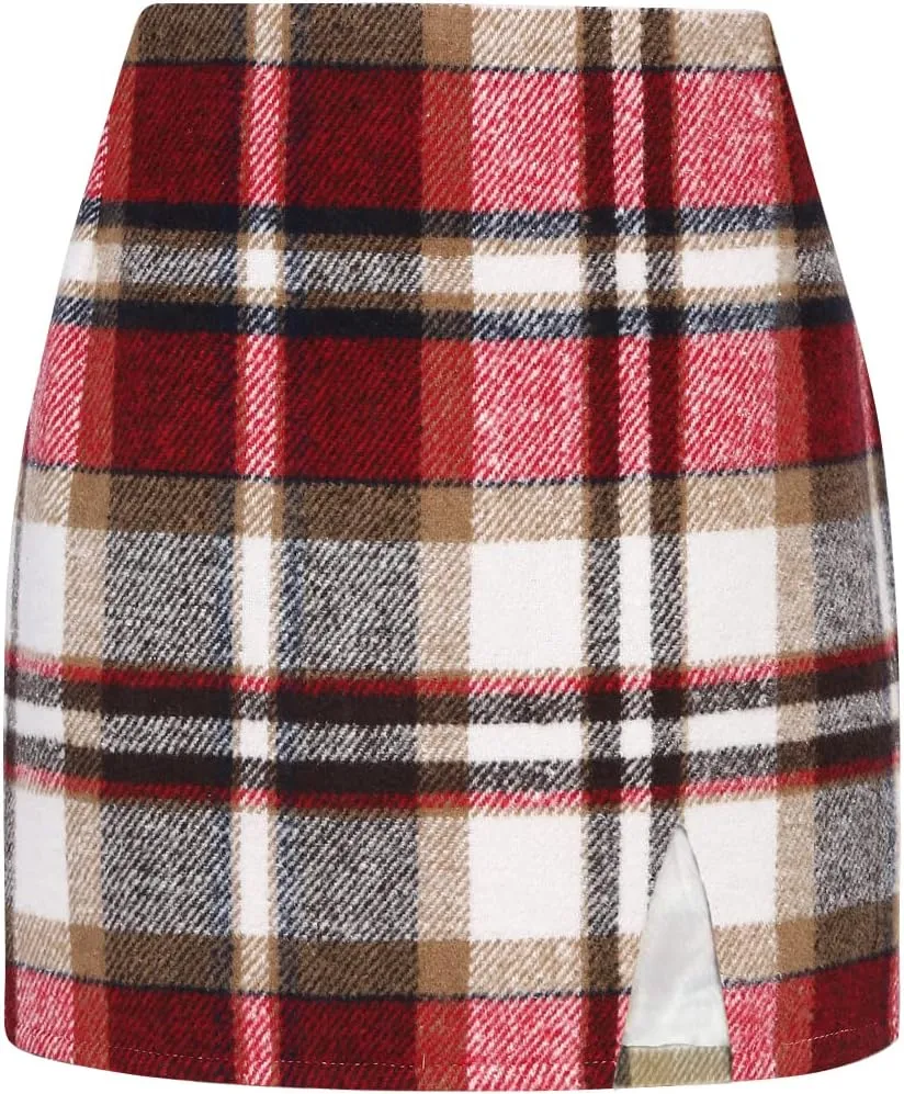 Plaid Mini Skirts for Womens High Waisted Fall Winter Wool Bodycon Pencil Skirts with Slit