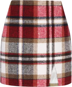 Plaid Mini Skirts for Womens High Waisted Fall Winter Wool Bodycon Pencil Skirts with Slit