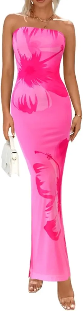PRETTYGARDEN Strapless Bodycon Floral Maxi Summer Dresses for Women 2025 Elegant Classy Tube Top Cocktail Wedding Guest Dress