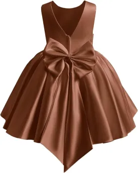 Satin Flower Girl Dress Knee Length Short First Communion Dresses for Girls Kids Bow-Knot Princess Birthday Gowns
