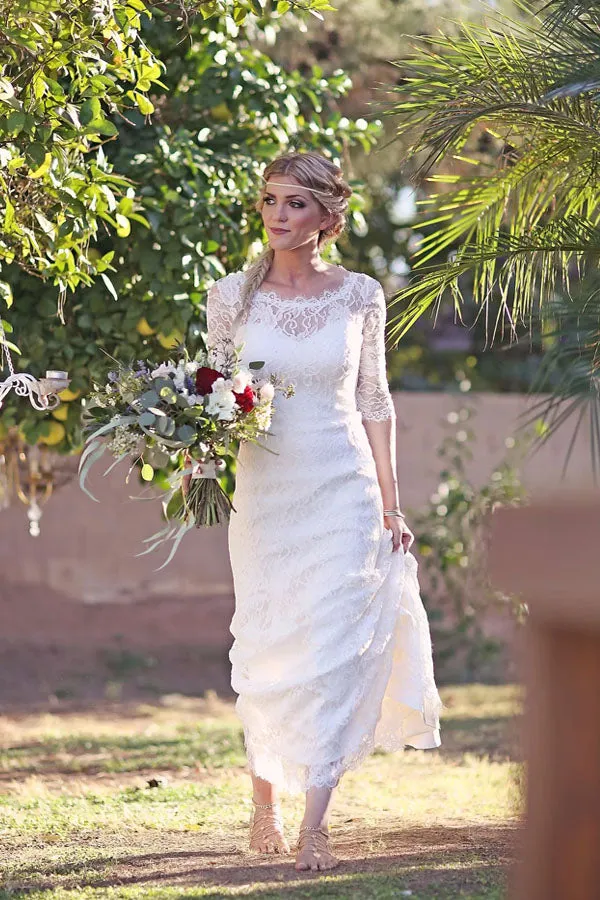 See Through Lace Half Sleeve Beach Wedding Dress