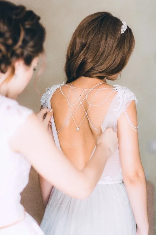 Silver Tulle Rustic Wedding Dress With Beading