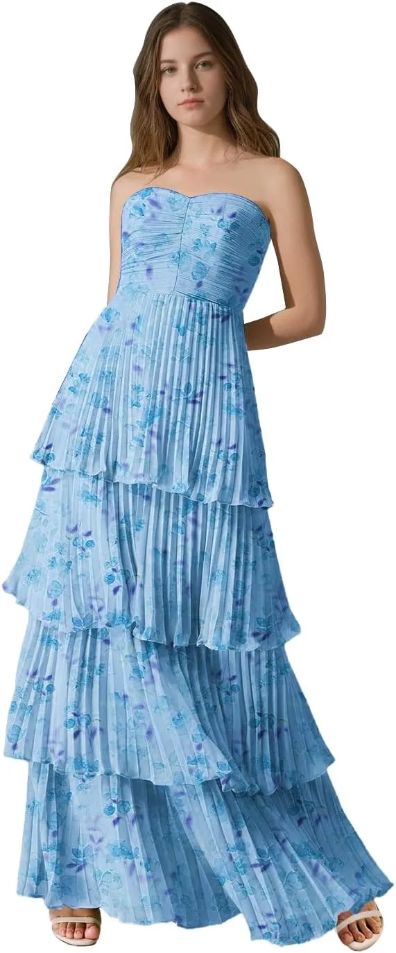 Strapless Floral Prom Dresses for Women Long Ruffle Chiffon Tiered Formal Evening Gowns