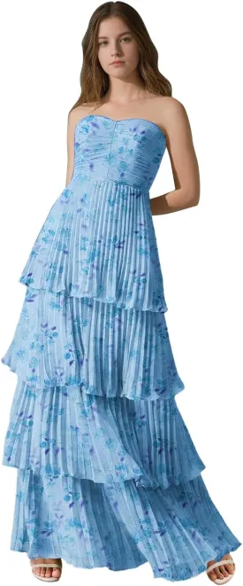 Strapless Floral Prom Dresses for Women Long Ruffle Chiffon Tiered Formal Evening Gowns