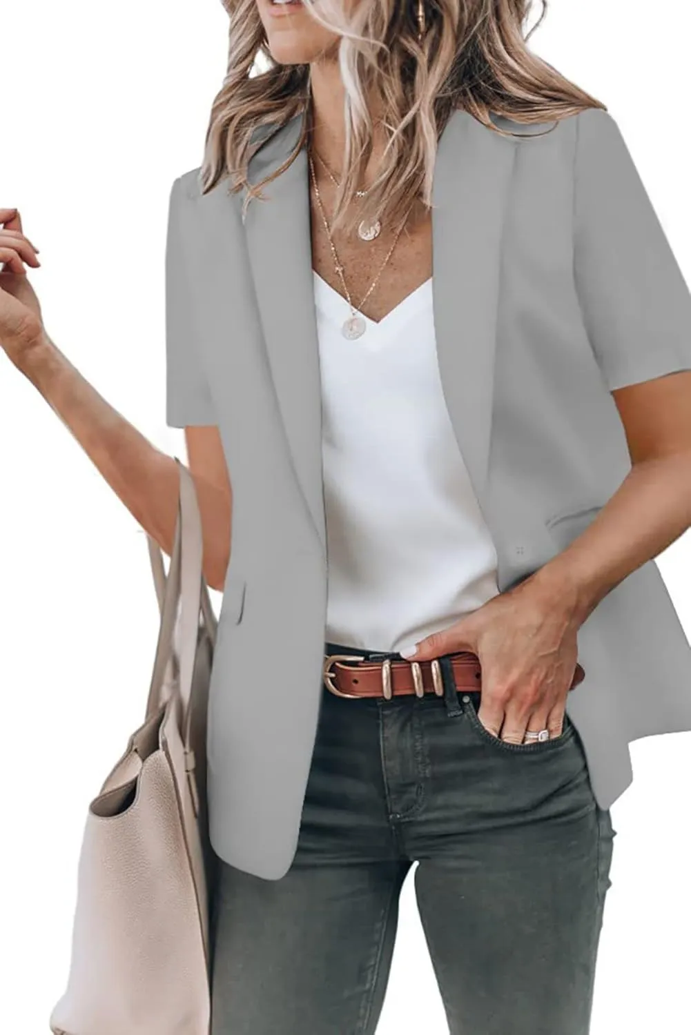 Summer Blazers for Women Lightweight Casual Lapel One Button Short Sleeve Jacket Business Open Front Office Blazers