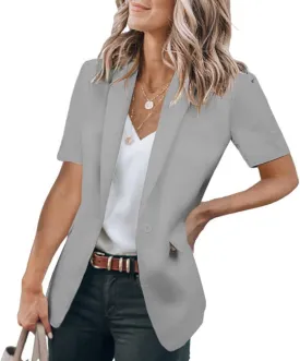 Summer Blazers for Women Lightweight Casual Lapel One Button Short Sleeve Jacket Business Open Front Office Blazers