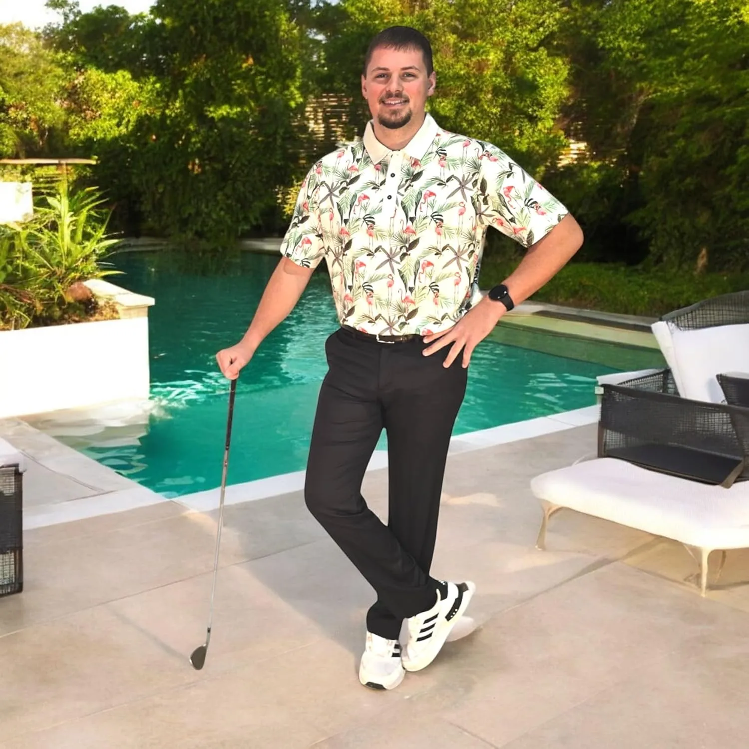 Tropical Hawaiian Golf Polo Shirt  Men Sizes S Thru 5XL Performance Moisture Wicking Dri Fit Flamingo Resort Wear Pickleball