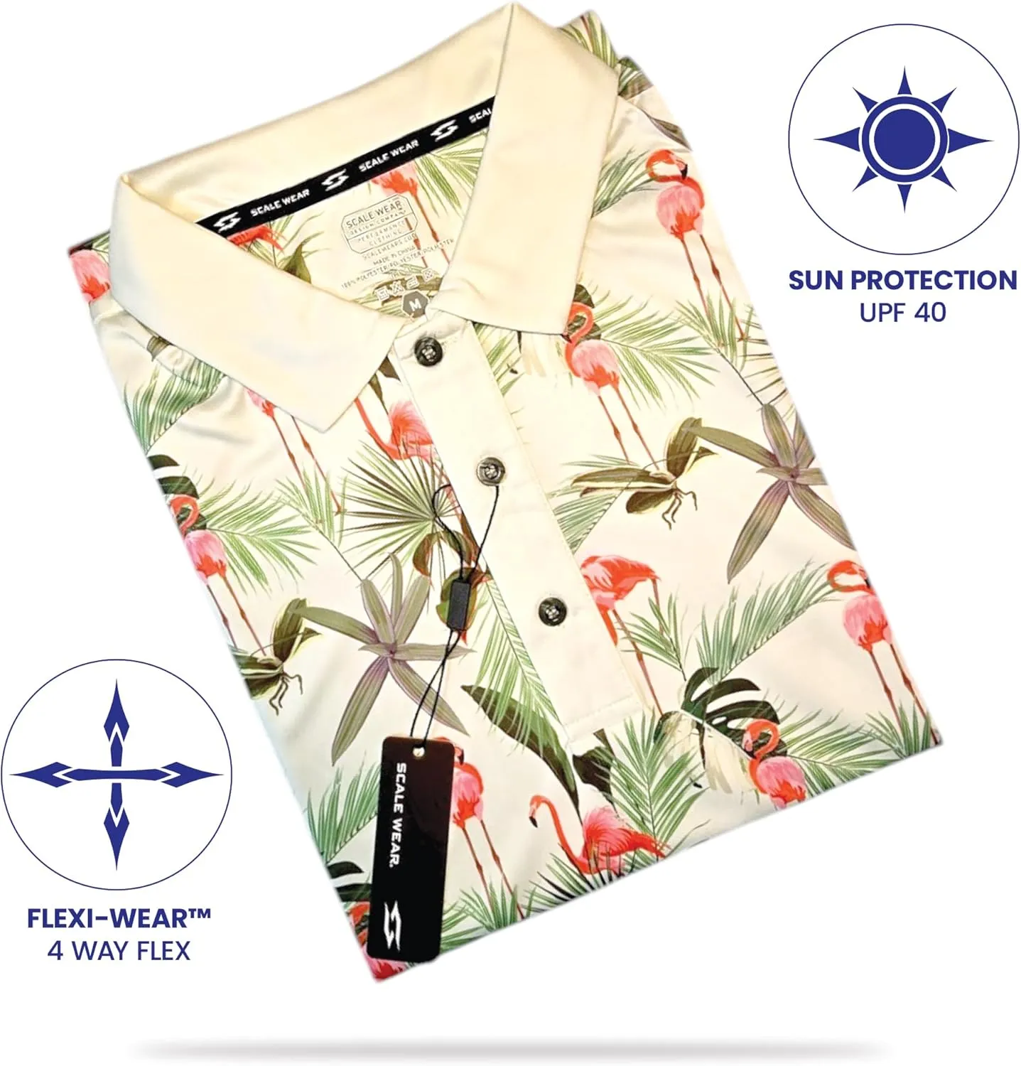 Tropical Hawaiian Golf Polo Shirt  Men Sizes S Thru 5XL Performance Moisture Wicking Dri Fit Flamingo Resort Wear Pickleball