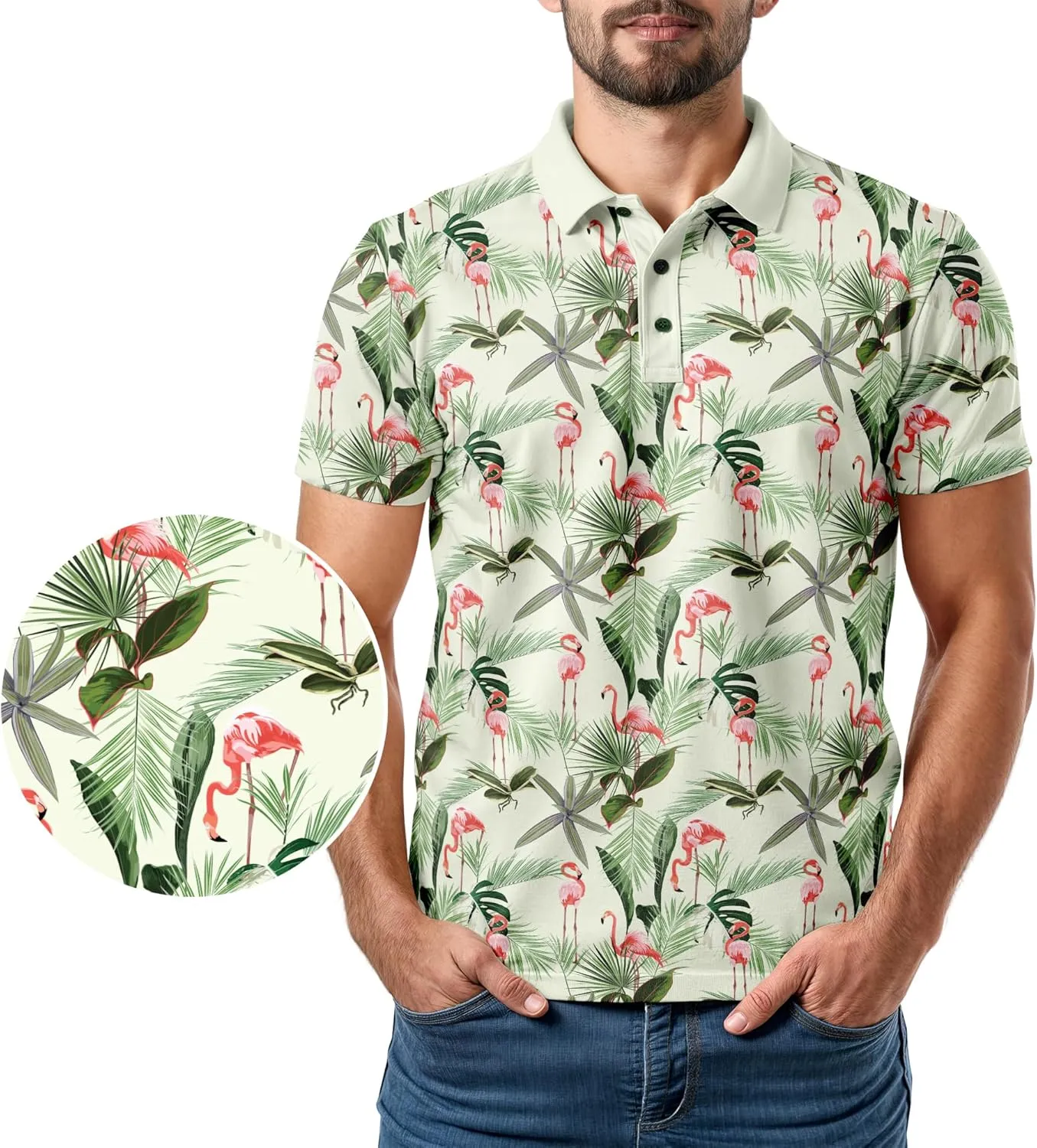 Tropical Hawaiian Golf Polo Shirt  Men Sizes S Thru 5XL Performance Moisture Wicking Dri Fit Flamingo Resort Wear Pickleball
