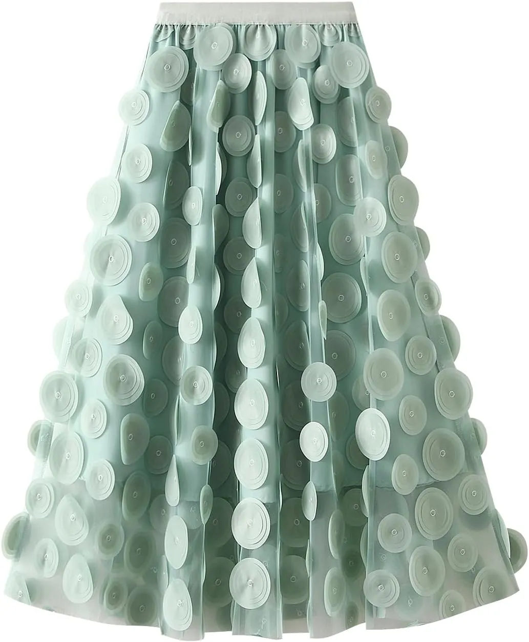 Tulle Midi Skirt Women Elastic Waist 3D Polka Dot Ruffle Skirt Mesh Layered Tutu Long A-Line Party Skirt