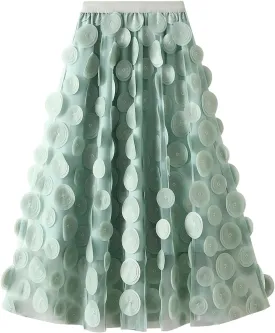 Tulle Midi Skirt Women Elastic Waist 3D Polka Dot Ruffle Skirt Mesh Layered Tutu Long A-Line Party Skirt