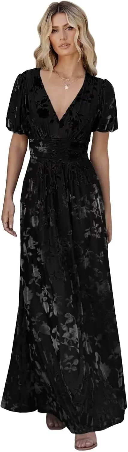 Velvet Dress for Women Burnout Floral Maxi Dress V Neck Puffy Sleeve Formal Evening Party Gowns