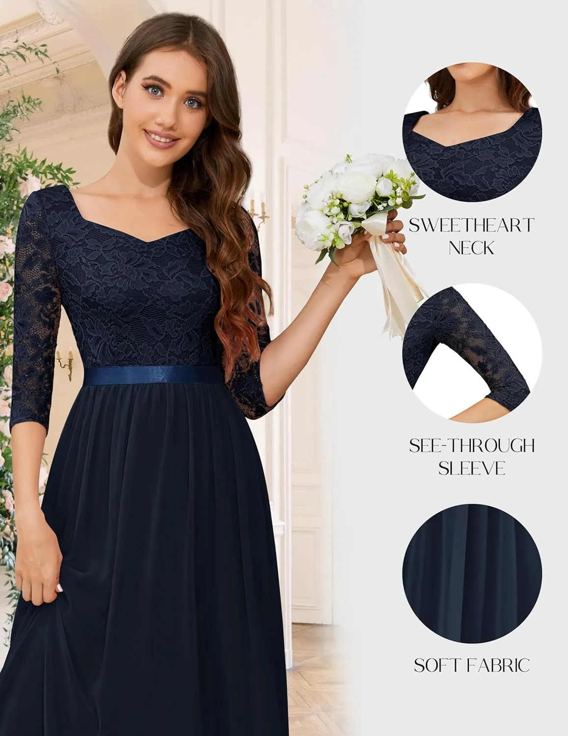 Wedtrend Women's Formal Dress Mother of The Bride Dress 3/4 Sleeve Wedding Guest Dress Maxi Evening Gown