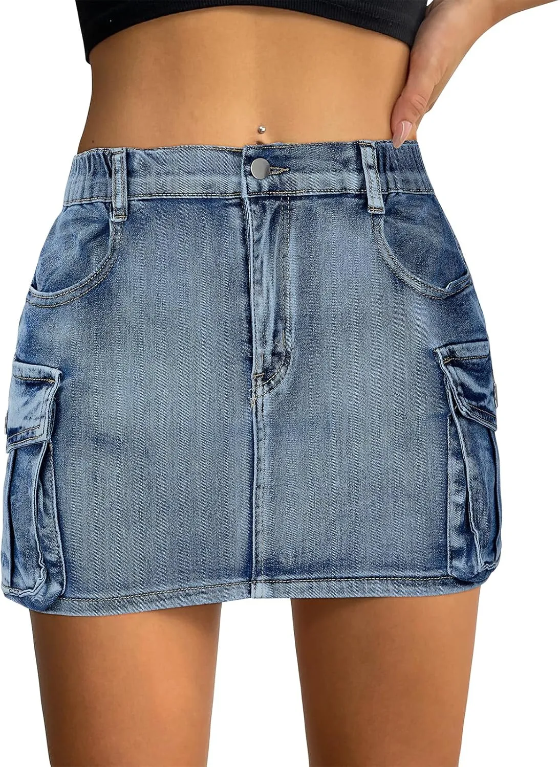 Women Denim Skirt Low Waist Cargo Skirt with Pockets Y2K Button Mini Jean Skirt