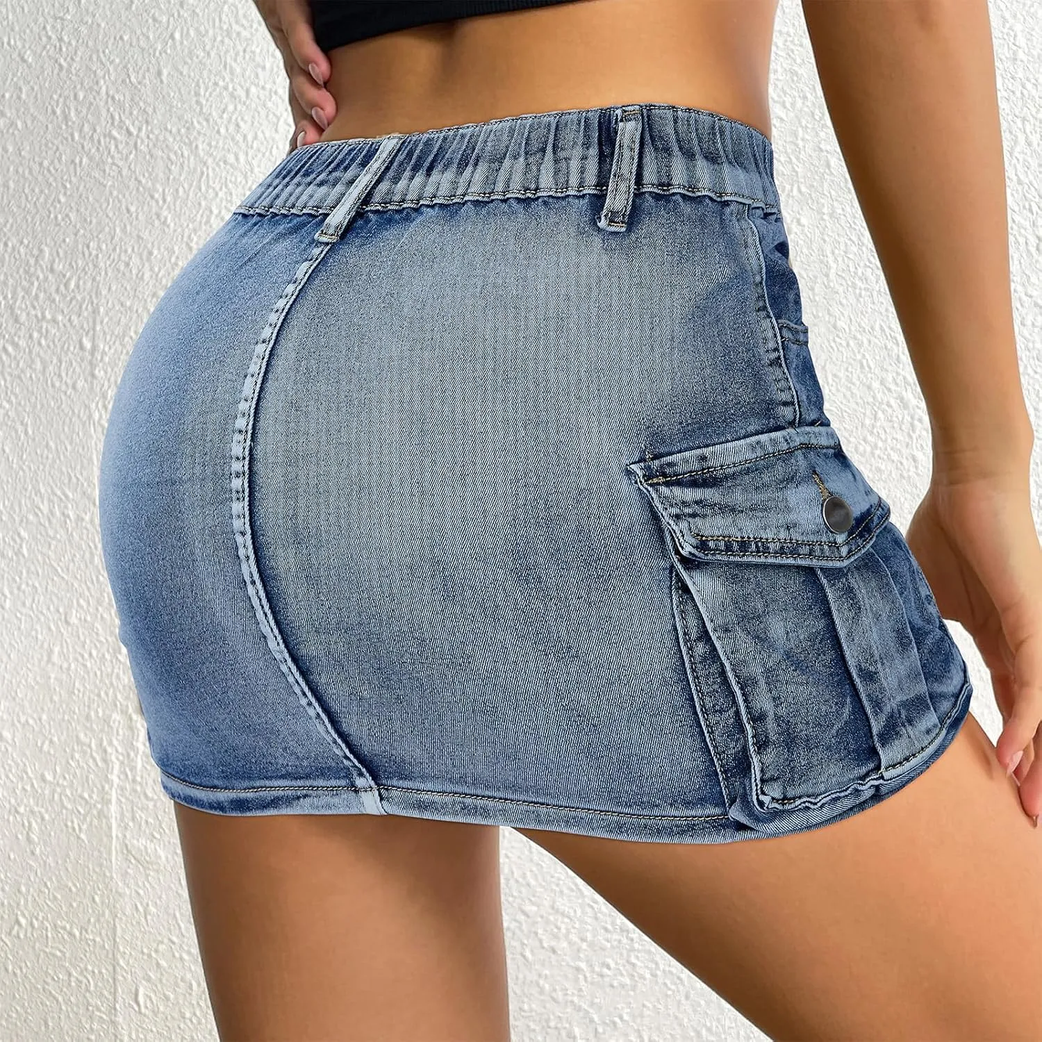 Women Denim Skirt Low Waist Cargo Skirt with Pockets Y2K Button Mini Jean Skirt