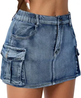 Women Denim Skirt Low Waist Cargo Skirt with Pockets Y2K Button Mini Jean Skirt