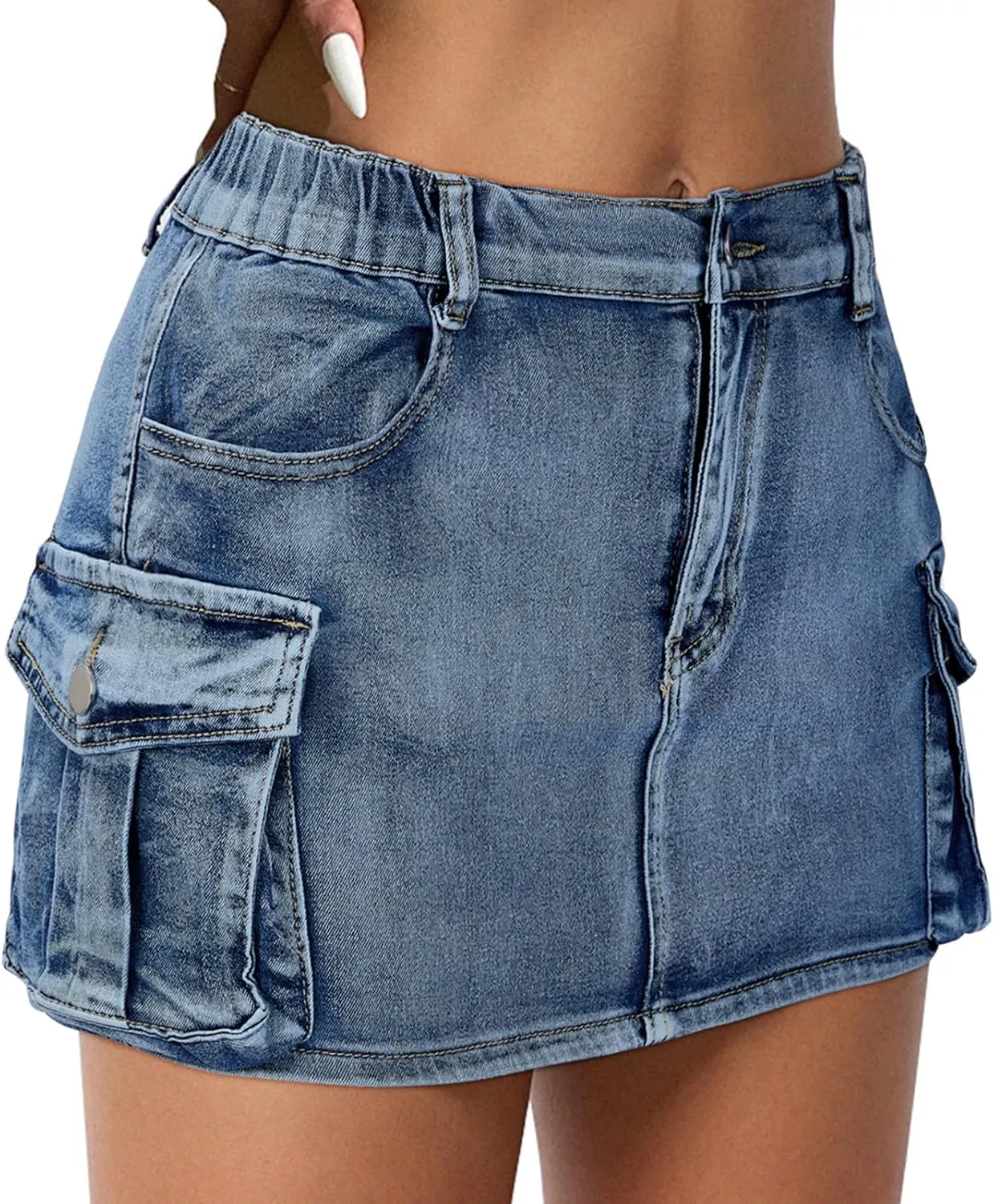 Women Denim Skirt Low Waist Cargo Skirt with Pockets Y2K Button Mini Jean Skirt