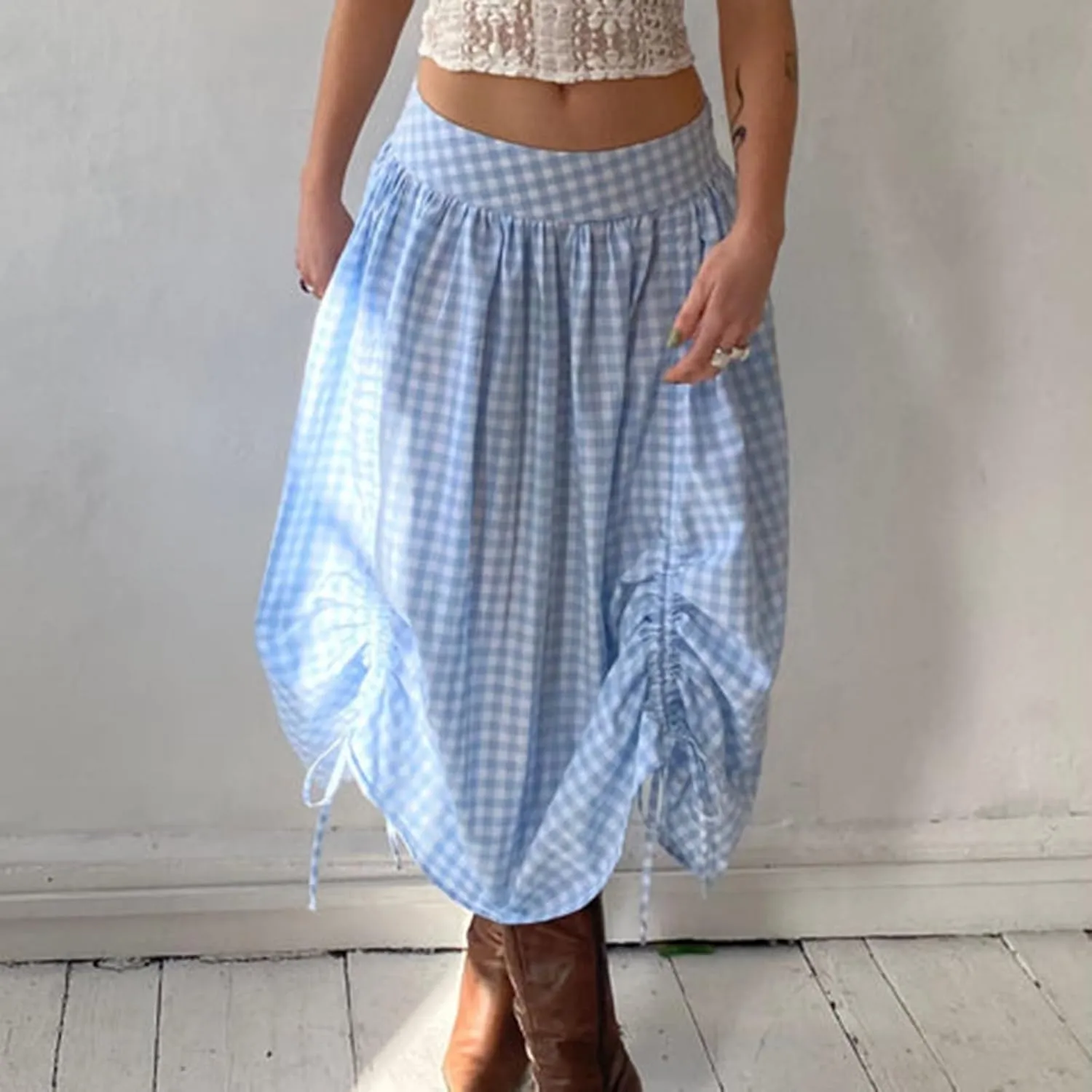 Women Long Skirt Elegant Plaid/Dot Print Low Waisted Midi Skirt Flowy Irregular A-Line Skirt for Casual Daily
