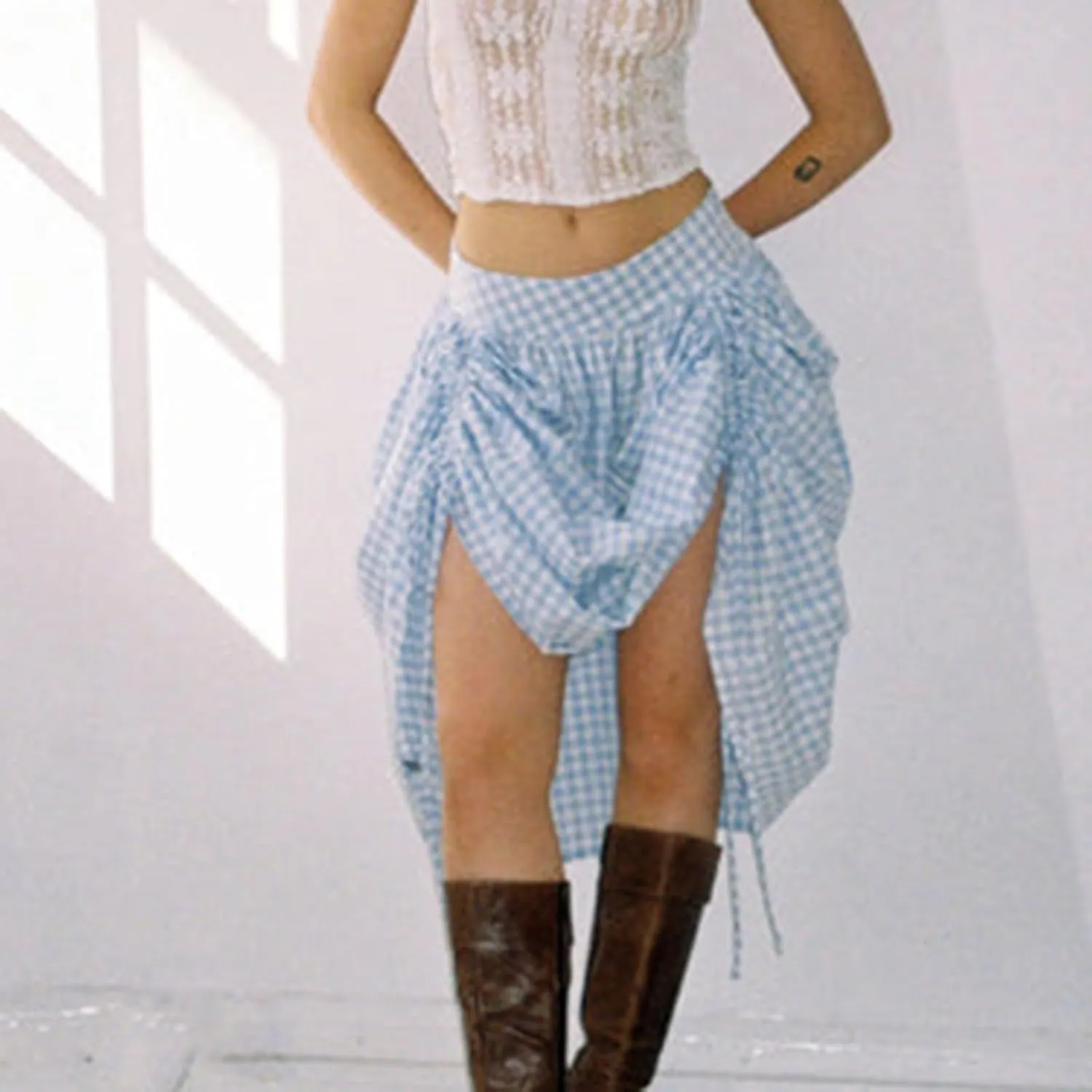Women Long Skirt Elegant Plaid/Dot Print Low Waisted Midi Skirt Flowy Irregular A-Line Skirt for Casual Daily