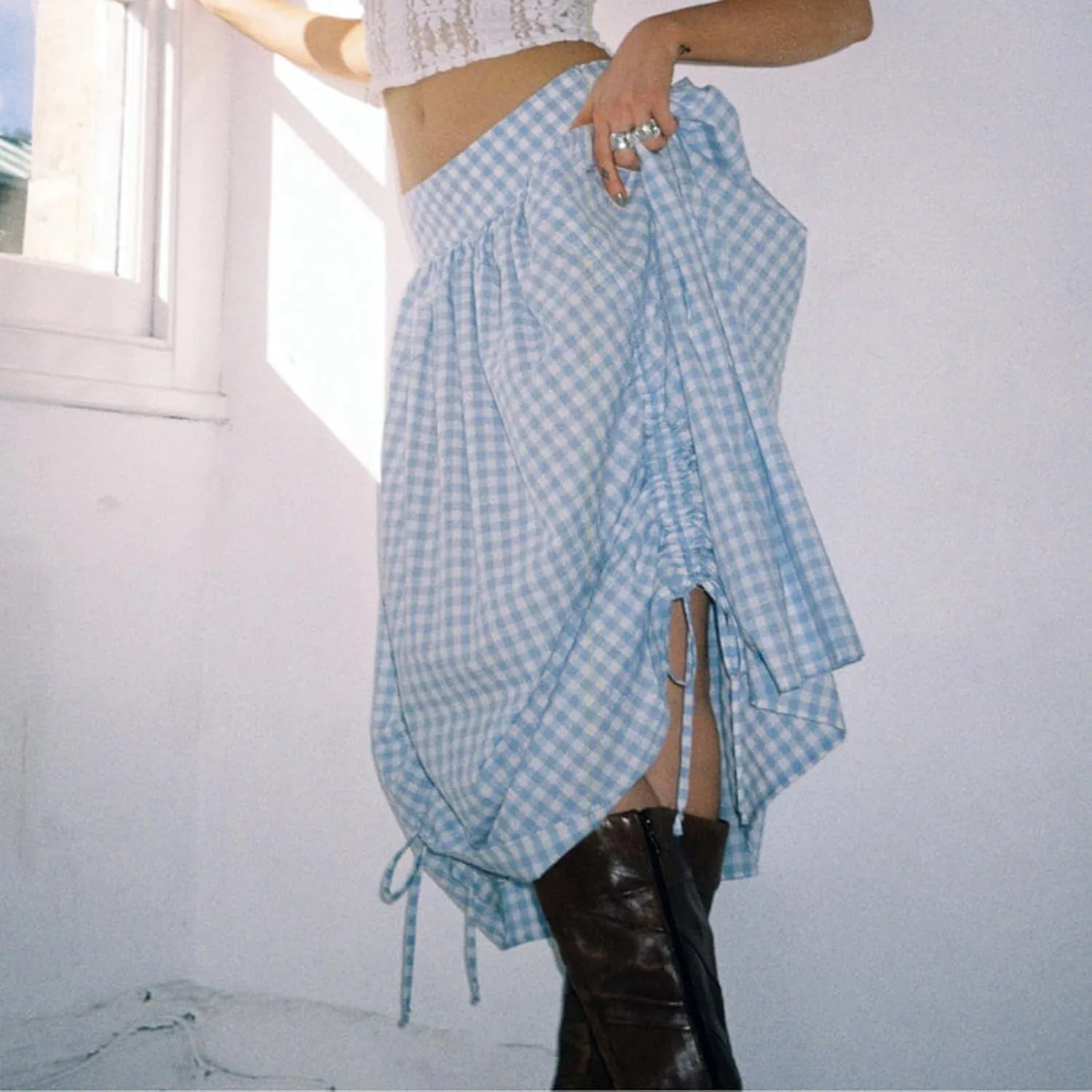 Women Long Skirt Elegant Plaid/Dot Print Low Waisted Midi Skirt Flowy Irregular A-Line Skirt for Casual Daily