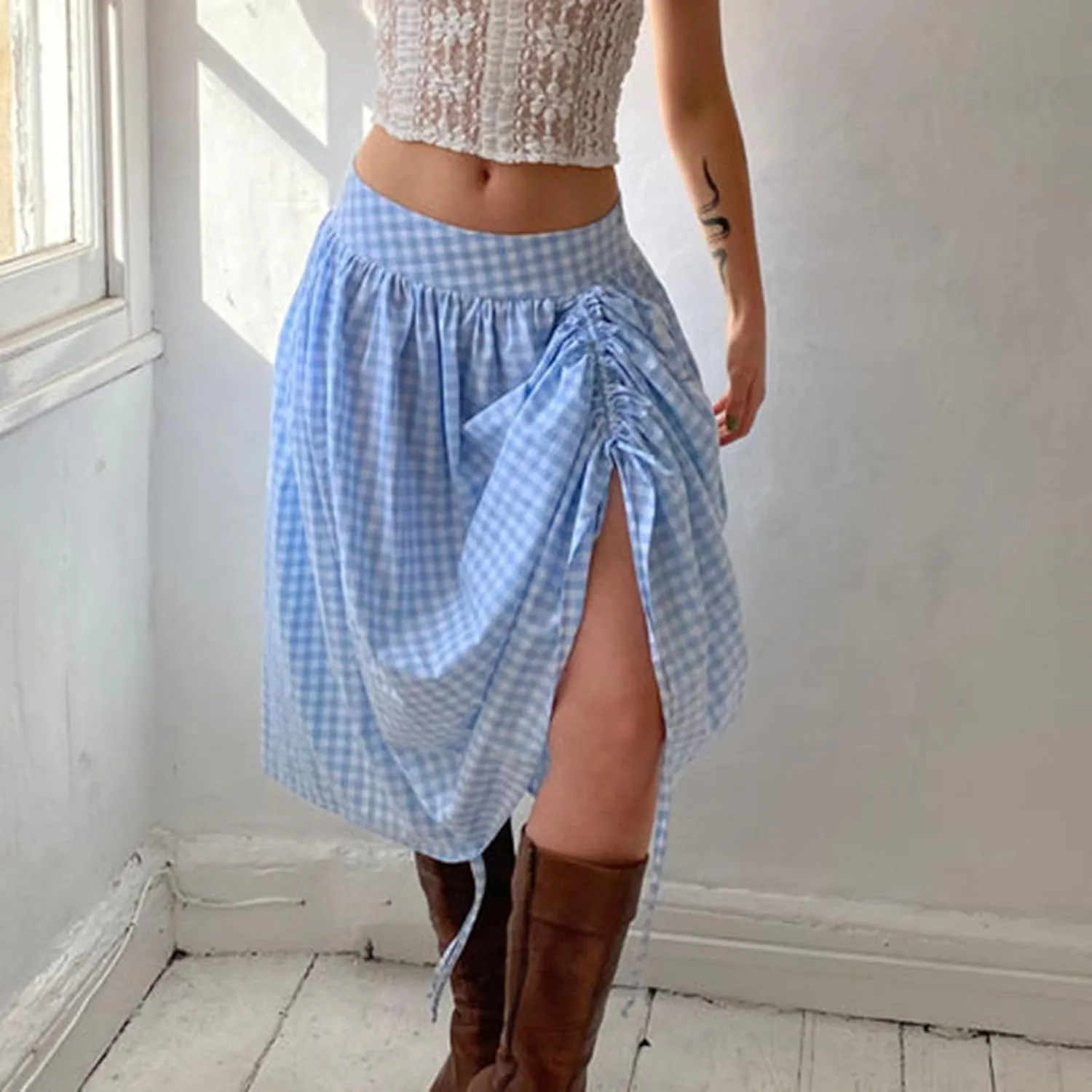 Women Long Skirt Elegant Plaid/Dot Print Low Waisted Midi Skirt Flowy Irregular A-Line Skirt for Casual Daily