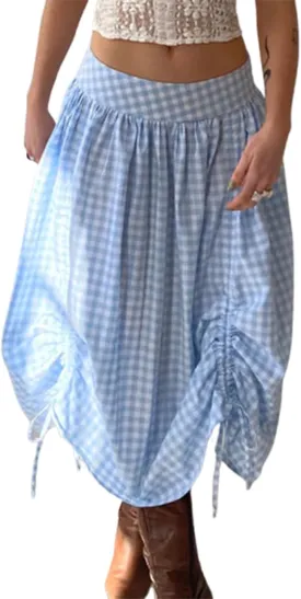 Women Long Skirt Elegant Plaid/Dot Print Low Waisted Midi Skirt Flowy Irregular A-Line Skirt for Casual Daily
