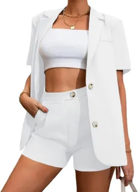 Women's Blazer Shorts Set 2 Piece Outfits Open Front Short Sleeve Blazer Jacket with Shorts Business Office Plain Suits