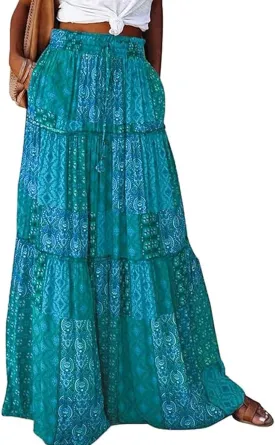 Womens Boho Maxi Skirts Summer Floral Print Elastic High Waisted Skorts Casual Flowy Tiered Ruffle Hem Long Skirts