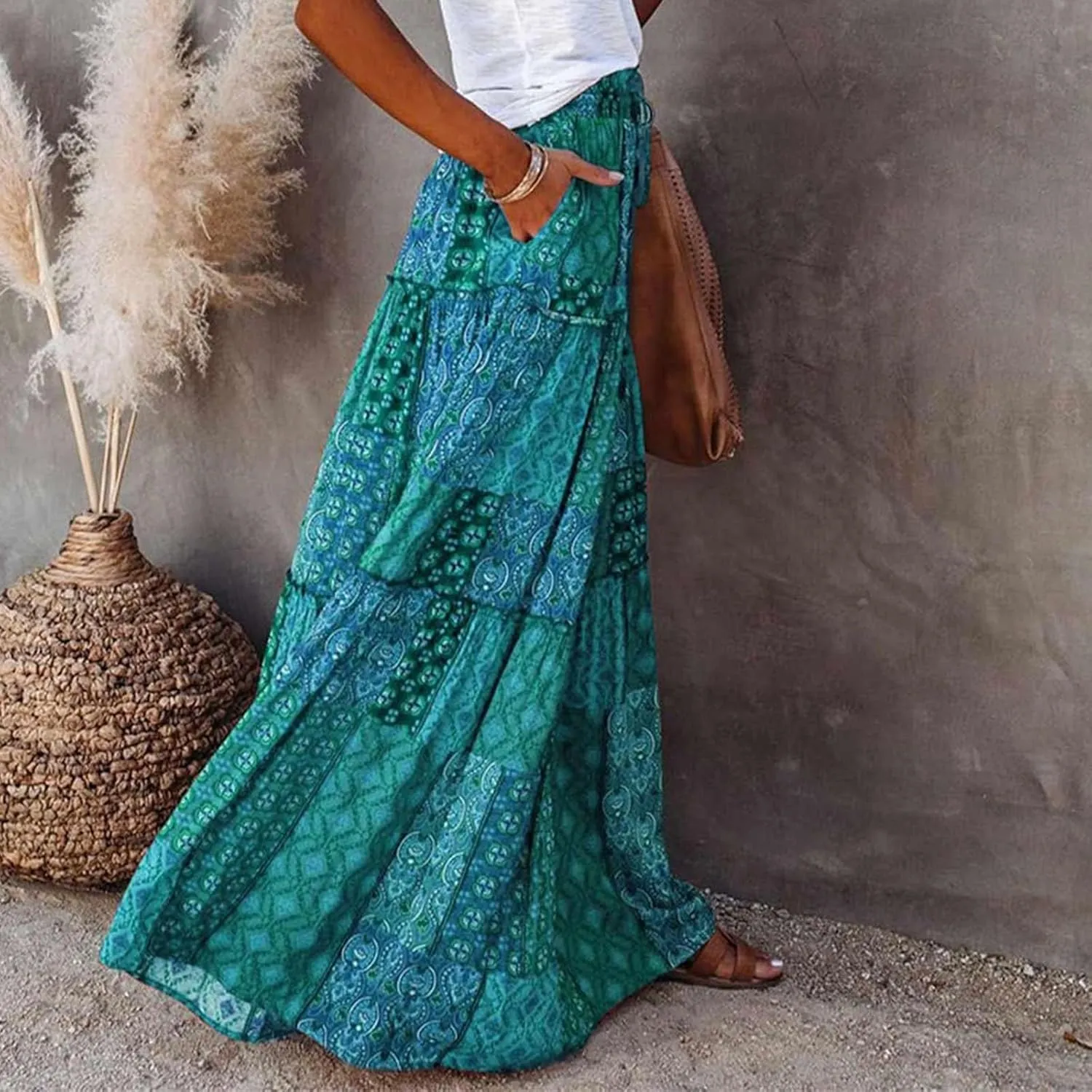 Womens Boho Maxi Skirts Summer Floral Print Elastic High Waisted Skorts Casual Flowy Tiered Ruffle Hem Long Skirts