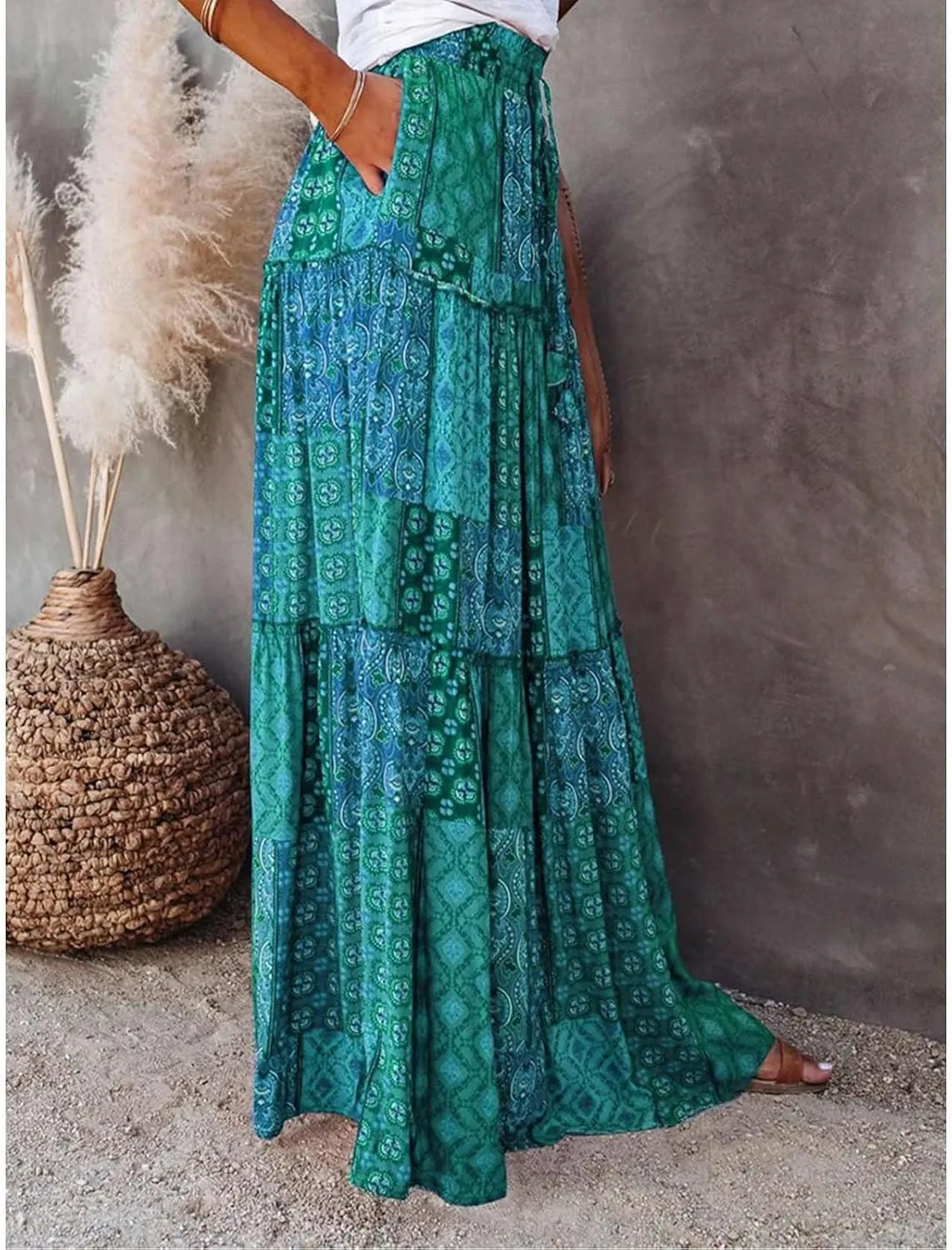 Womens Boho Maxi Skirts Summer Floral Print Elastic High Waisted Skorts Casual Flowy Tiered Ruffle Hem Long Skirts