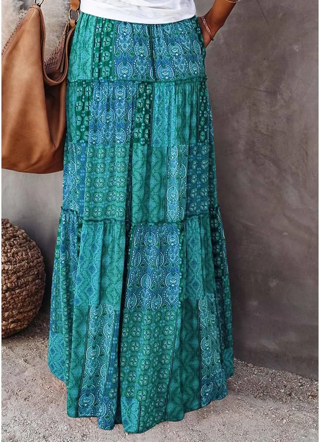 Womens Boho Maxi Skirts Summer Floral Print Elastic High Waisted Skorts Casual Flowy Tiered Ruffle Hem Long Skirts