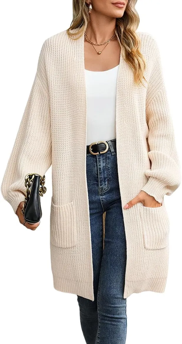 Womens Cardigan Sweaters Plus Size Fall Long Lantern Sleeve Chunky Open Front with Pockets(S-XL)