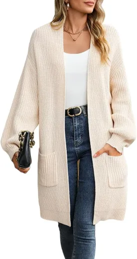 Womens Cardigan Sweaters Plus Size Fall Long Lantern Sleeve Chunky Open Front with Pockets(S-XL)