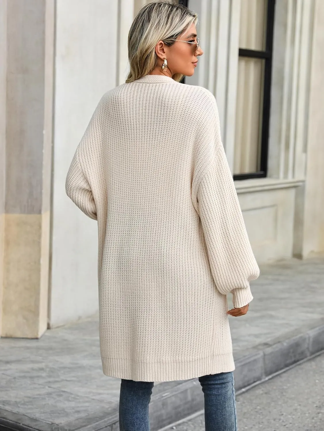 Womens Cardigan Sweaters Plus Size Fall Long Lantern Sleeve Chunky Open Front with Pockets(S-XL)