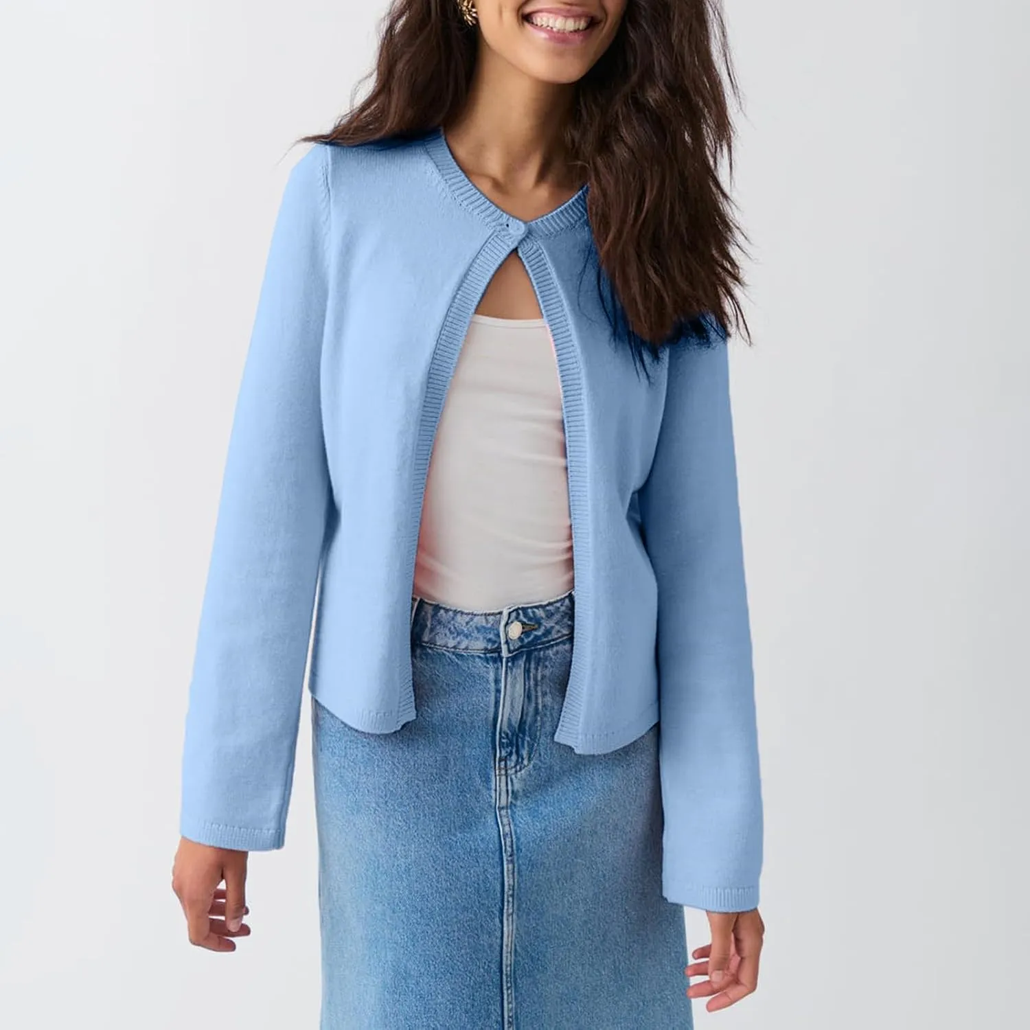 Women's Casual Crop Knit Cardigan Y2K Open Front Button Down Crop Sweater Cardigan Crew Neck Fall Tops Streetwear