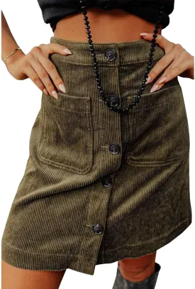 Womens Corduroy Skirts Casual High Waisted Button Down Midi Skirt Loose Solid Color A Line Short Skirt with Pockets