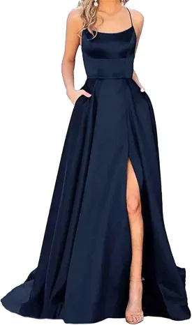 Women's Elegant Long Prom Dresses with Pockets Satin Halter Spaghetti Strap Wedding Dress Gowns