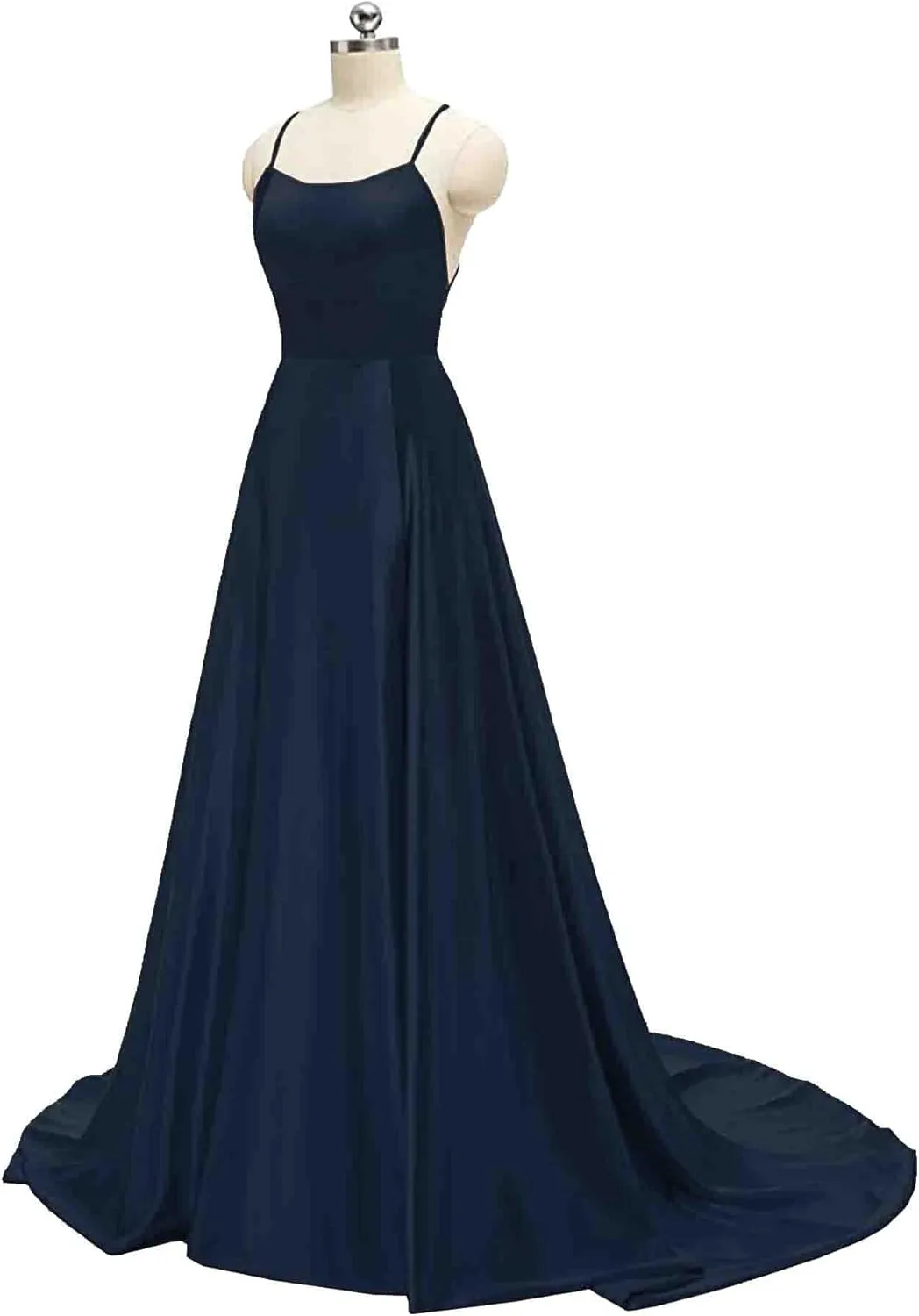 Women's Elegant Long Prom Dresses with Pockets Satin Halter Spaghetti Strap Wedding Dress Gowns