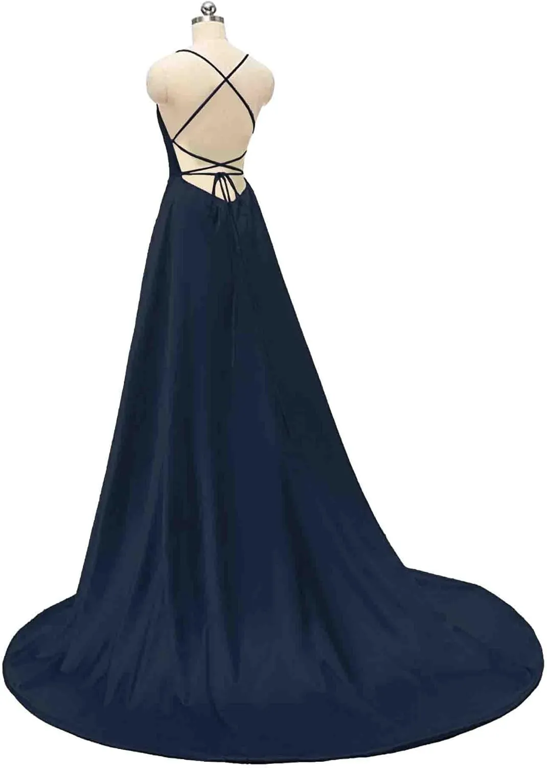 Women's Elegant Long Prom Dresses with Pockets Satin Halter Spaghetti Strap Wedding Dress Gowns