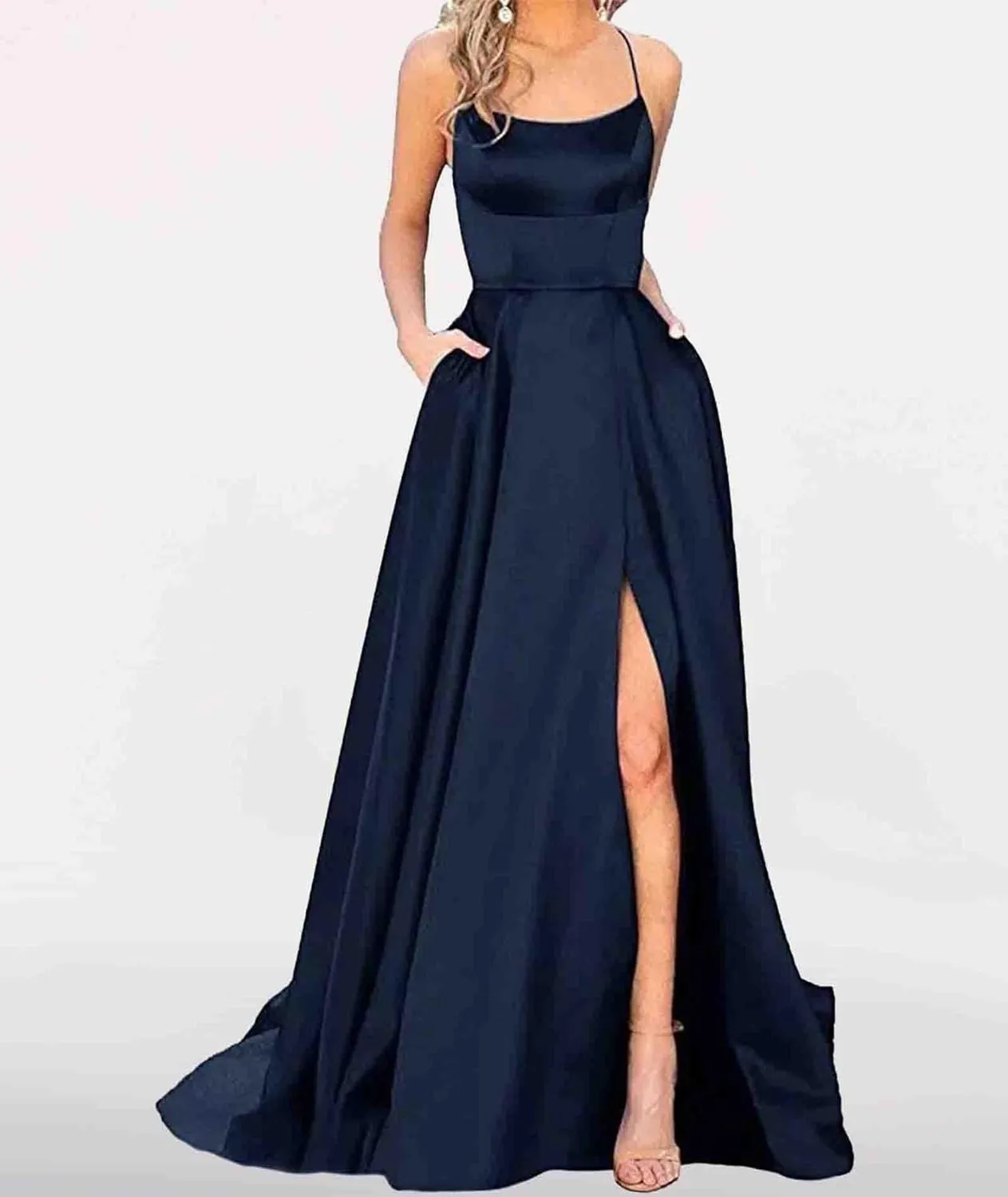 Women's Elegant Long Prom Dresses with Pockets Satin Halter Spaghetti Strap Wedding Dress Gowns