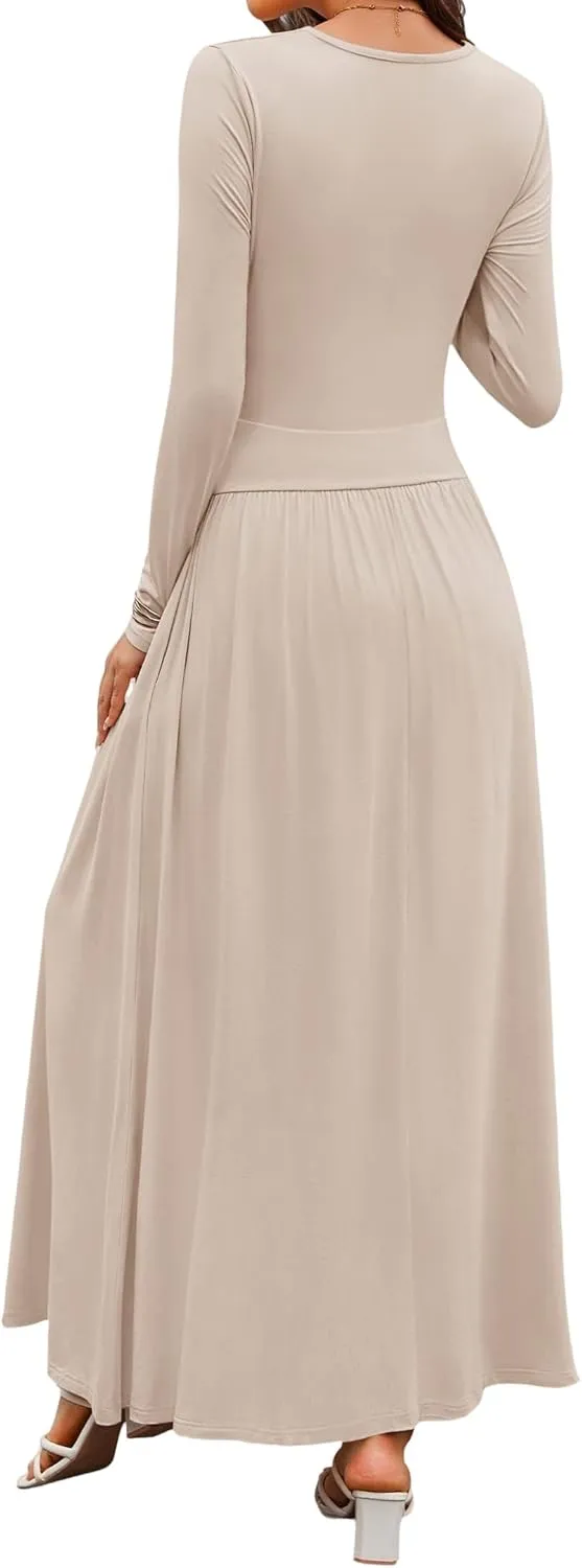 Women's Knitted Dresses Crewneck Long Sleeve Maxi Dress 2025 Casual Trendy Slim Swing Pleated Dresses with Pockets