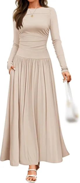 Women's Knitted Dresses Crewneck Long Sleeve Maxi Dress 2025 Casual Trendy Slim Swing Pleated Dresses with Pockets