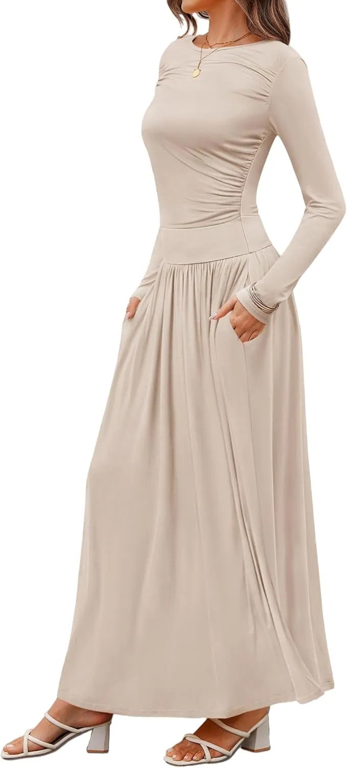 Women's Knitted Dresses Crewneck Long Sleeve Maxi Dress 2025 Casual Trendy Slim Swing Pleated Dresses with Pockets