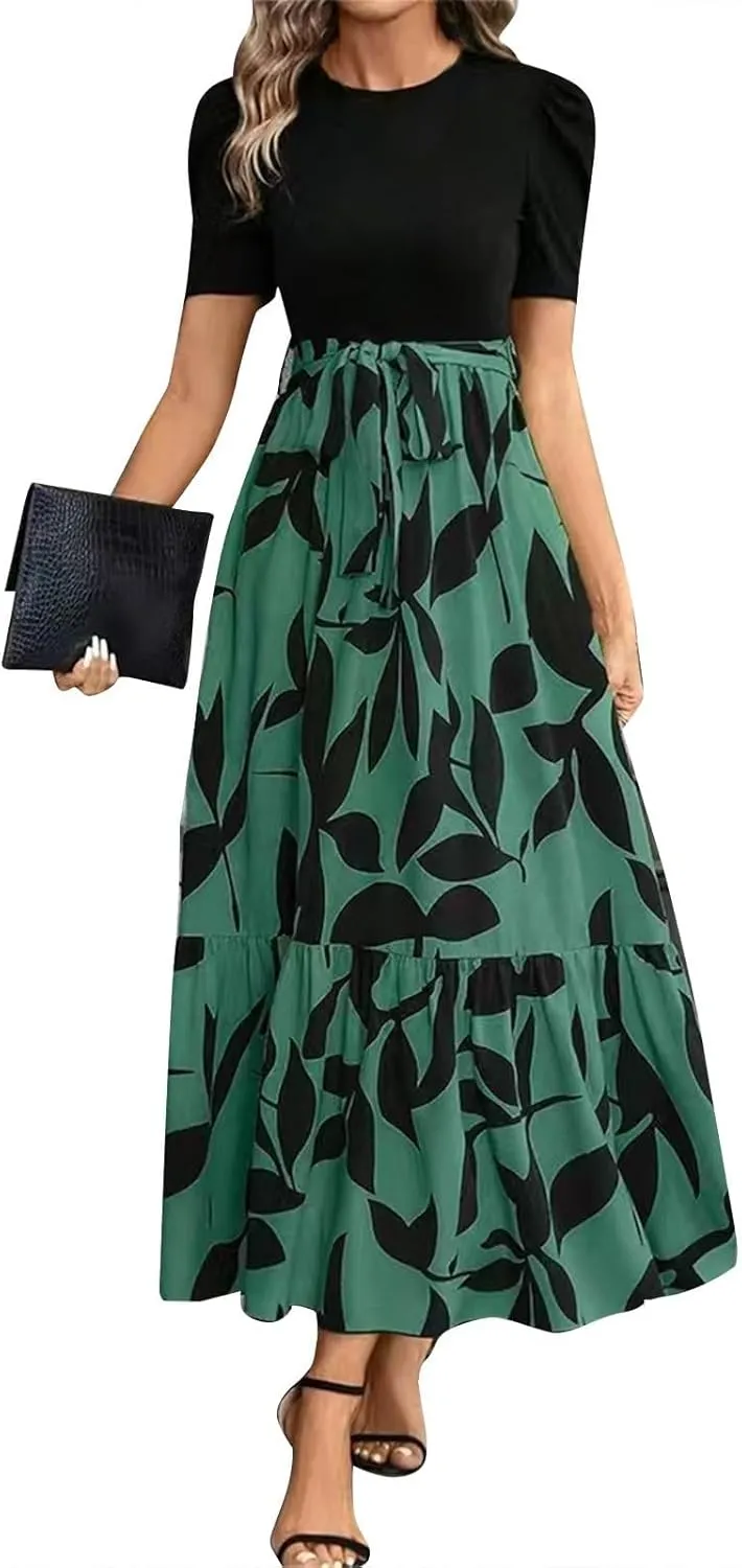 Womens Maxi Floral Dresses 2025 Elegant Boho Patchwork Empire Waist Tie Belted Short Sleeve Wedding Guest Long Dress