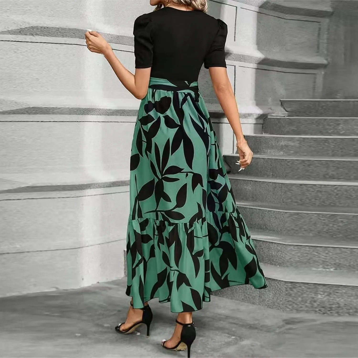 Womens Maxi Floral Dresses 2025 Elegant Boho Patchwork Empire Waist Tie Belted Short Sleeve Wedding Guest Long Dress