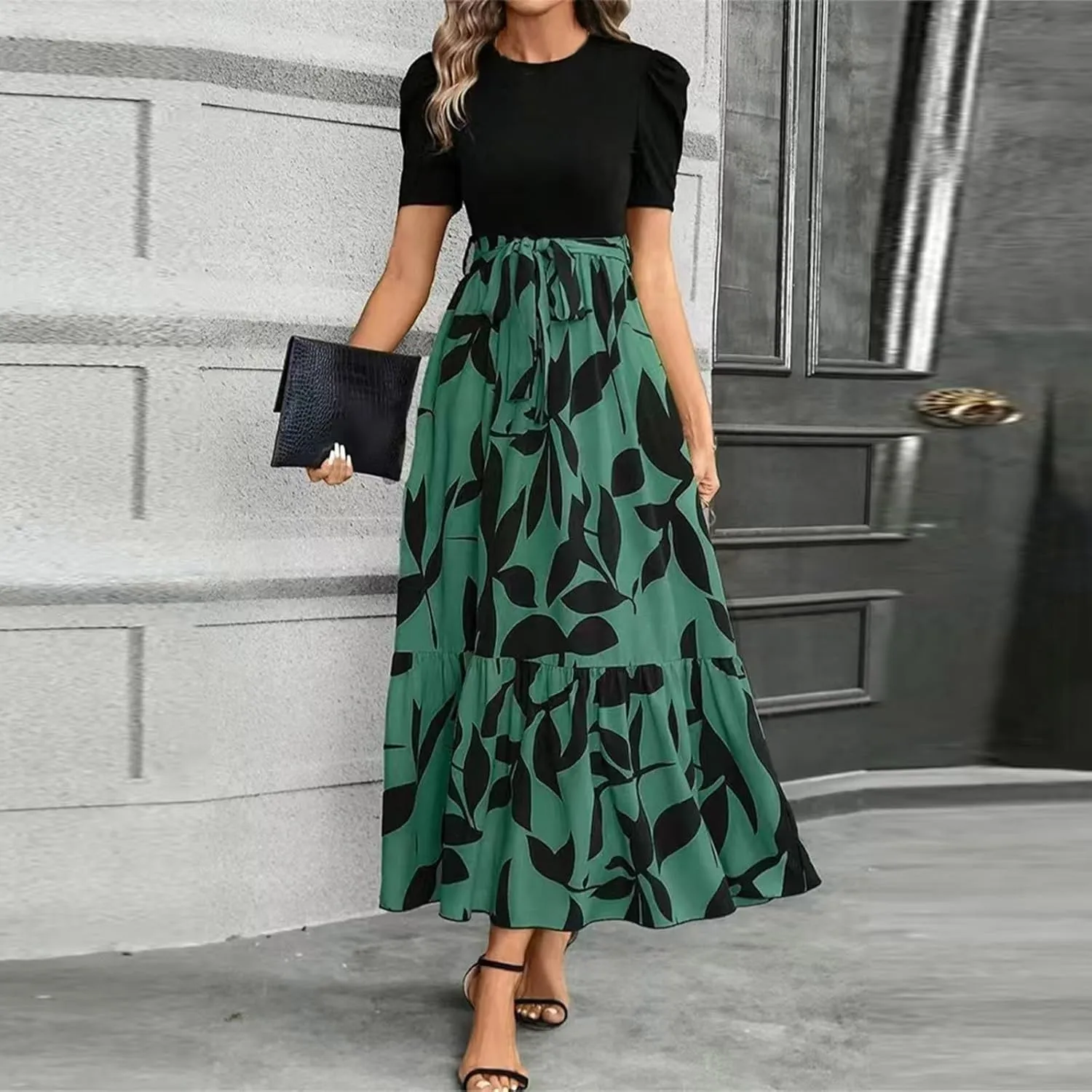 Womens Maxi Floral Dresses 2025 Elegant Boho Patchwork Empire Waist Tie Belted Short Sleeve Wedding Guest Long Dress
