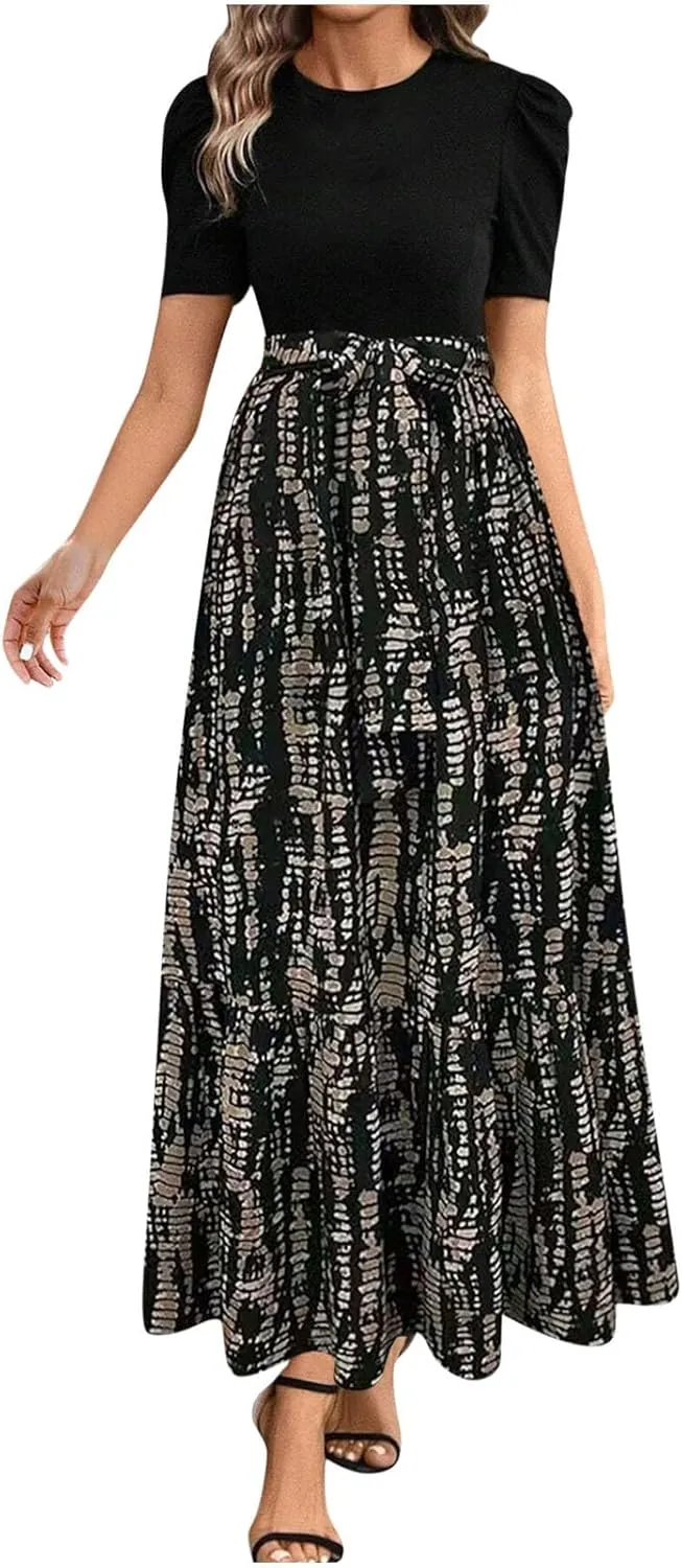 Womens Maxi Floral Dresses 2025 Elegant Boho Patchwork Empire Waist Tie Belted Short Sleeve Wedding Guest Long Dress