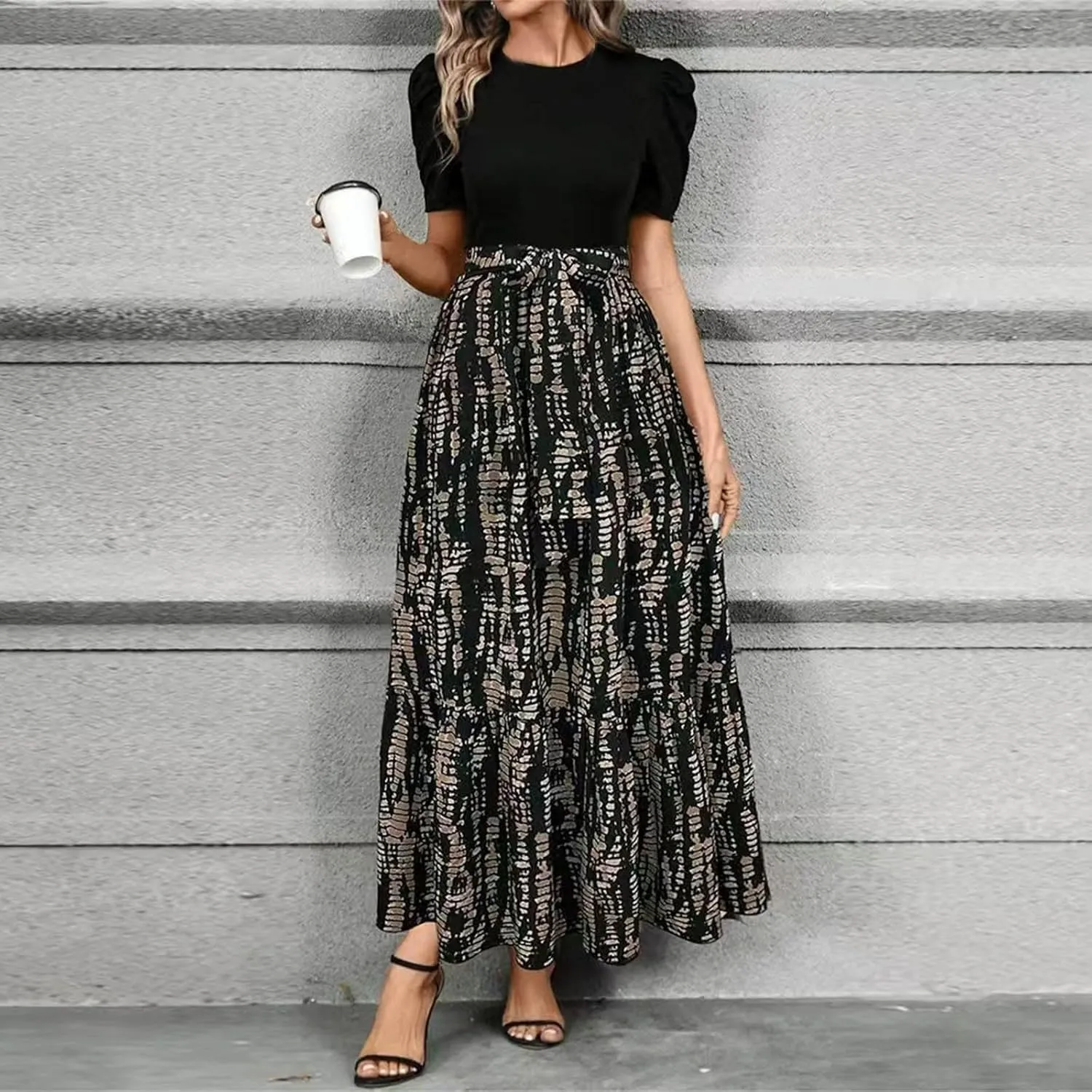 Womens Maxi Floral Dresses 2025 Elegant Boho Patchwork Empire Waist Tie Belted Short Sleeve Wedding Guest Long Dress
