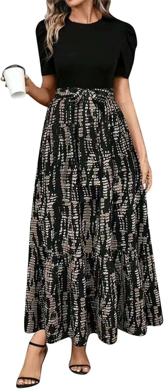 Womens Maxi Floral Dresses 2025 Elegant Boho Patchwork Empire Waist Tie Belted Short Sleeve Wedding Guest Long Dress