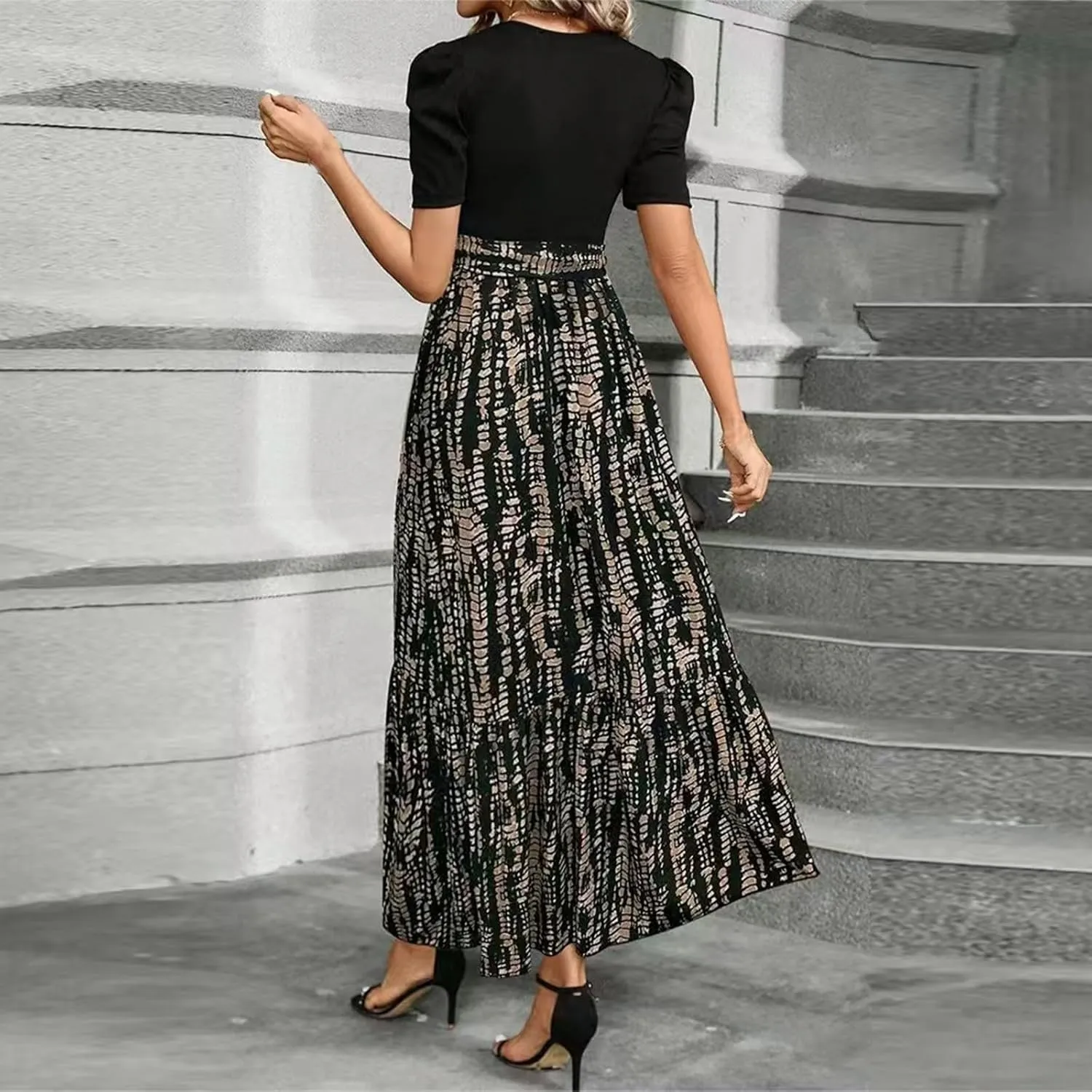 Womens Maxi Floral Dresses 2025 Elegant Boho Patchwork Empire Waist Tie Belted Short Sleeve Wedding Guest Long Dress